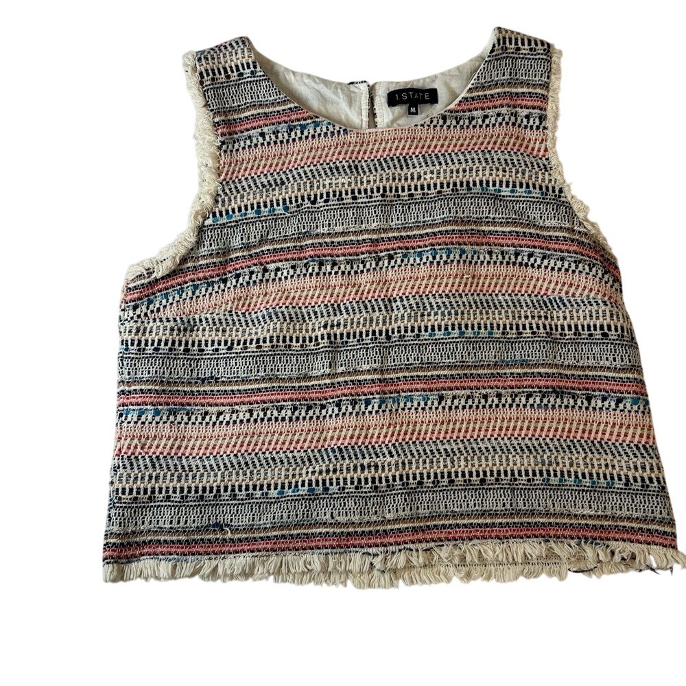 1.STATE‎ Womens M Striped Open Stitch Tank Top Boho Chic Fringe